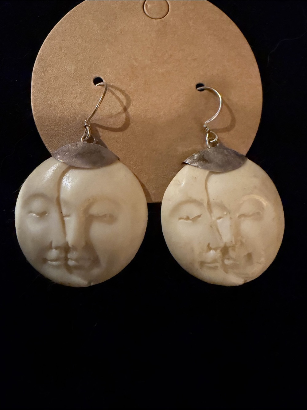 Sterling Silver Bali Hand Carved Moon Face Goddess Dangle Earrings Celestial
